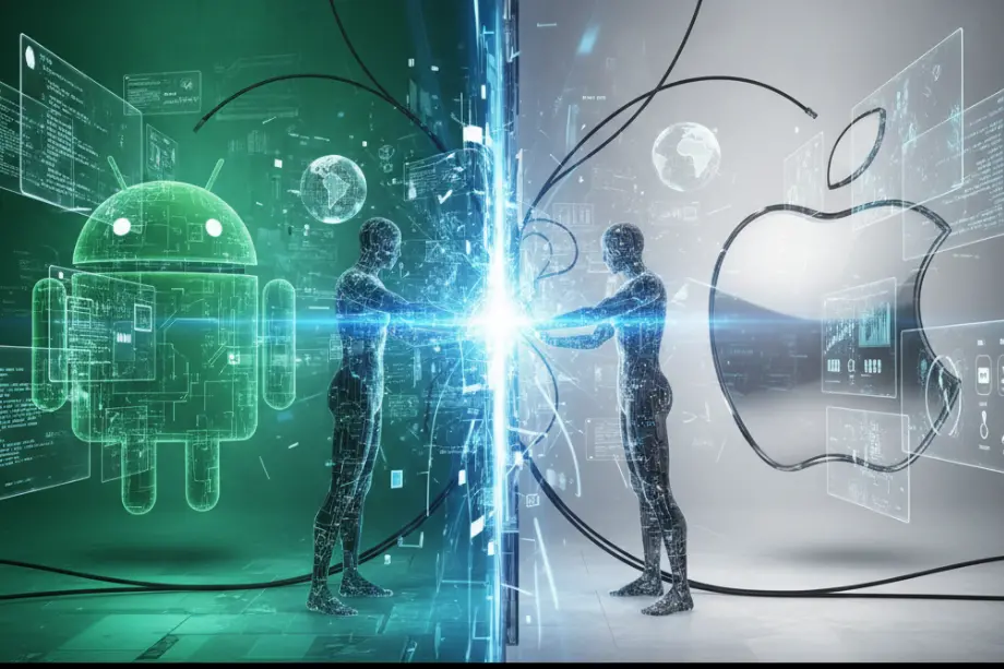 Representación visual de la guerra fría tecnológica entre ecosistemas Android y Apple en el mundo digital.
