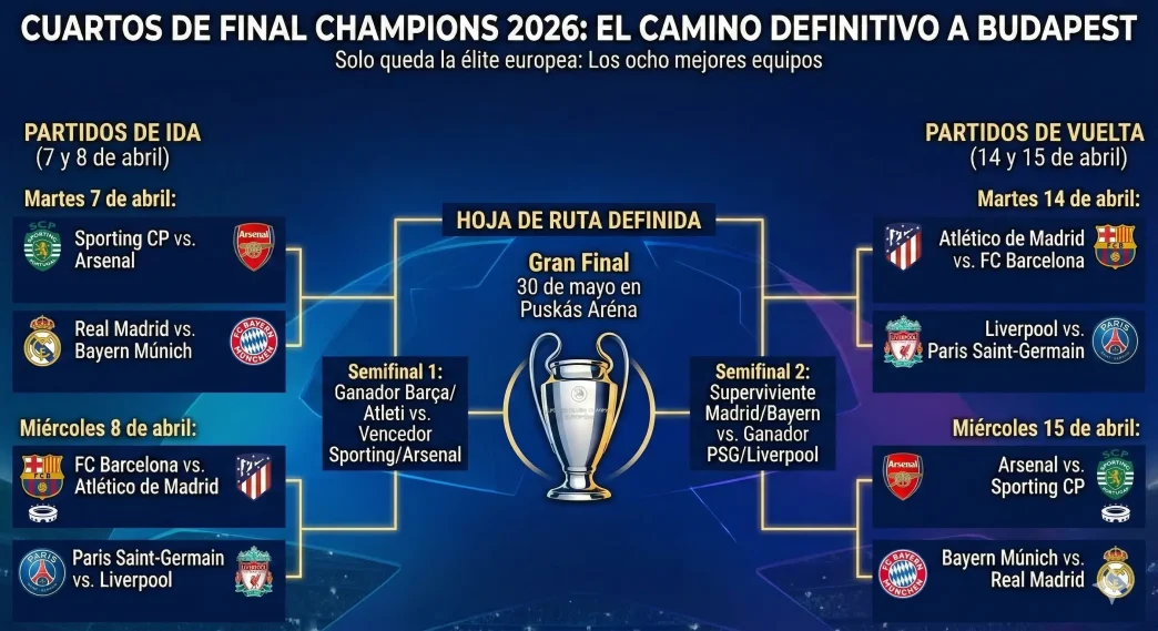 cuartos Champions 2026 cuadro oficial de eliminatorias rumbo a Budapest