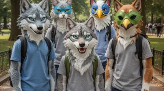 jóvenes con máscaras animales relacionados con la tendencia Therian durante una reunión juvenil.