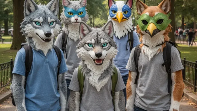 jóvenes con máscaras animales relacionados con la tendencia Therian durante una reunión juvenil.