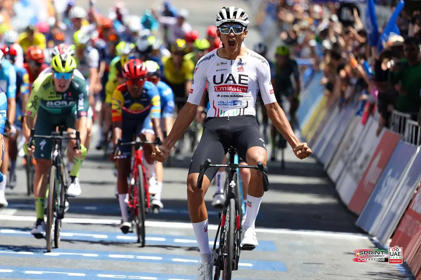 Isaac Del Toro UAE Tour sprint final celebrando victoria de etapa con UAE Team Emirates.