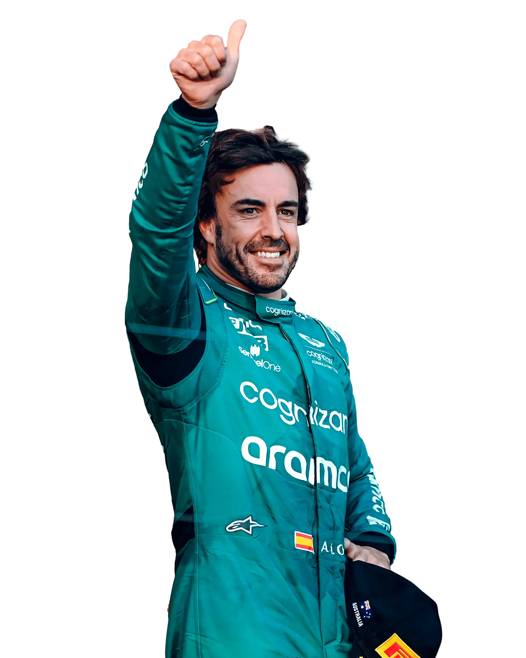 pilotos hispanos F1 Fernando Alonso Aston Martin celebrando con pulgar arriba