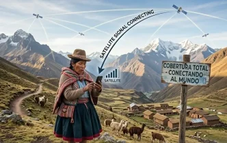 conectividad satelital celular en zona rural con usuario usando móvil conectado a satélite