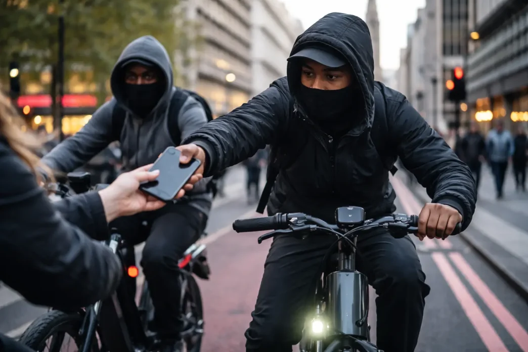robo móviles Londres con menores en bicicletas ejecutando hurto en calle concurrida