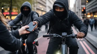 robo móviles Londres con menores en bicicletas ejecutando hurto en calle concurrida