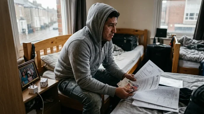migrantes endeudados en el Reino Unido revisando dinero y documentos