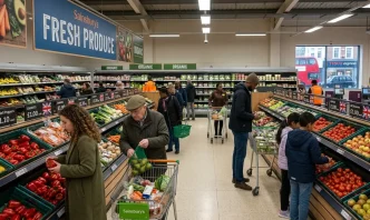 Escasez de CO2 Reino Unido en supermercado con clientes comprando alimentos frescos en Londres.