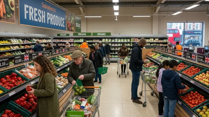 Escasez de CO2 Reino Unido en supermercado con clientes comprando alimentos frescos en Londres.