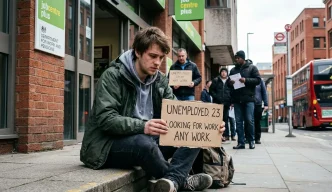 desempleo Reino Unido joven buscando trabajo frente a oficina de empleo en Londres