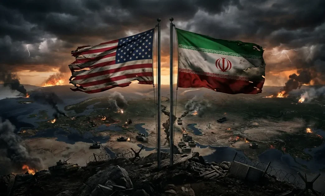 alerta antiterrorista global con banderas de Estados Unidos e Irán en escenario de guerra