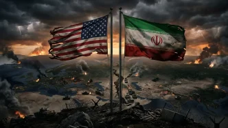 alerta antiterrorista global con banderas de Estados Unidos e Irán en escenario de guerra