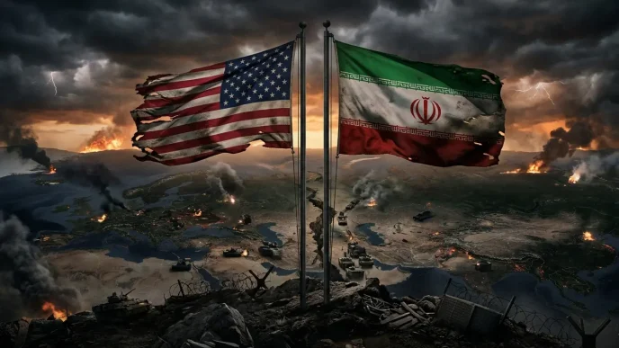 alerta antiterrorista global con banderas de Estados Unidos e Irán en escenario de guerra