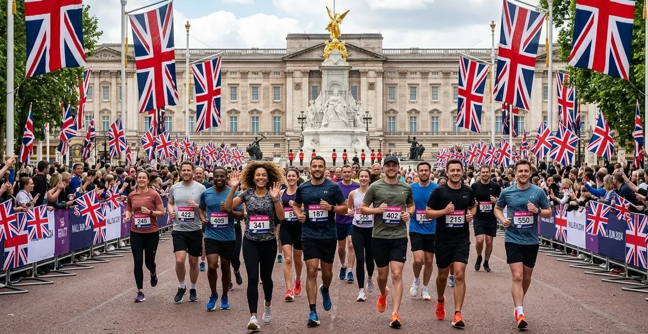 Maratón de Londres 2026 con corredores pasando frente al Palacio de Buckingham en Londres.