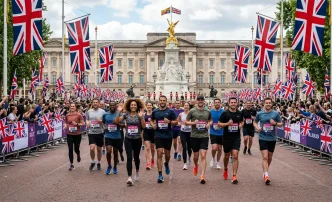 Maratón de Londres 2026 con corredores pasando frente al Palacio de Buckingham en Londres.
