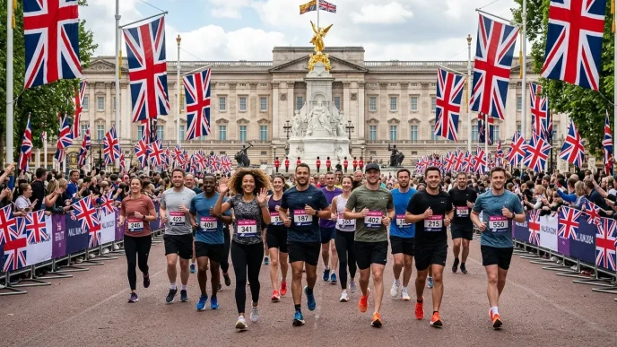 Maratón de Londres 2026 con corredores pasando frente al Palacio de Buckingham en Londres.