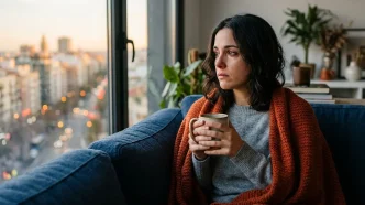 Mujer reflexiona tras rompimientos sentimentales mientras mira la ciudad desde su hogar en Londres.