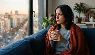 Mujer reflexiona tras rompimientos sentimentales mientras mira la ciudad desde su hogar en Londres.