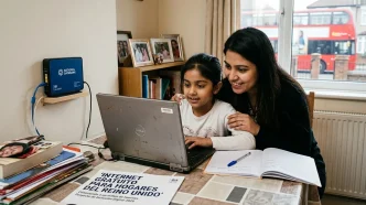 internet gratuito Reino Unido en hogar con madre e hija usando laptop