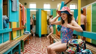 Tooting Bec Lido verano con vestuarios coloridos y visitantes preparándose para nadar en Londres.