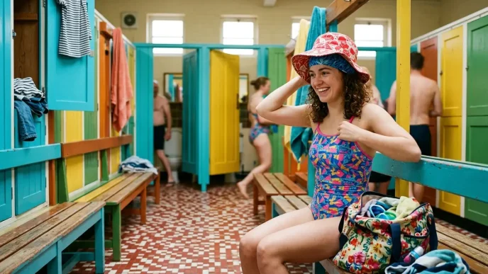 Tooting Bec Lido verano con vestuarios coloridos y visitantes preparándose para nadar en Londres.
