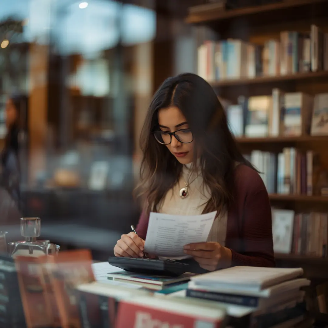 Mujer revisando facturas relacionadas con council tax Reino Unido en su hogar.