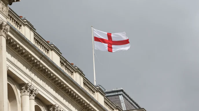 candidatos latinos Londres y bandera de Inglaterra en edificio institucional