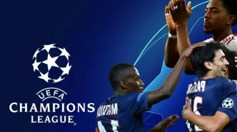 Jugadores del PSG celebran ante el logo de la UEFA Champions League, previa a la final Champions League 2026 PSG Arsenal en Budapest