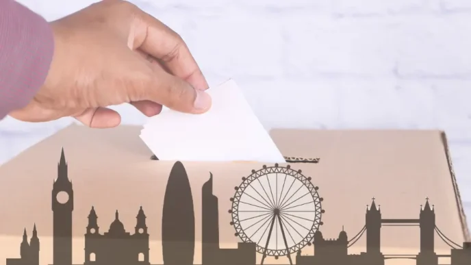 Elecciones Londres votante depositando papeleta en urna con skyline de la ciudad