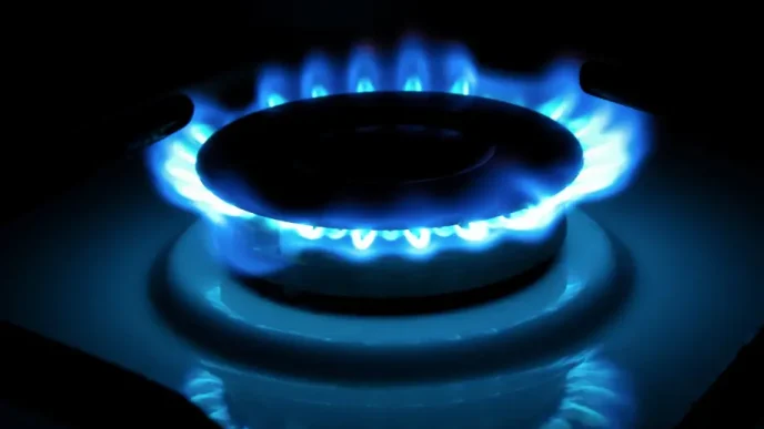 Llama azul de un quemador de gas encendido en una cocina, representando el consumo de energía.