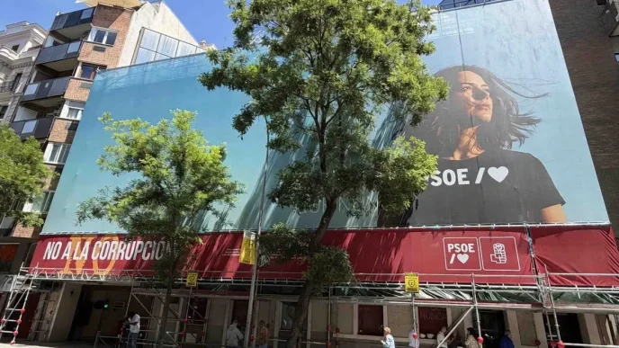 Sede del PSOE en la calle Ferraz de Madrid con pancarta “No a la corrupción” y gran cartel publicitario del partido durante obras en la fachada