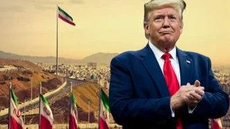 Donald Trump ante banderas de Irán y el skyline de Teherán, en el contexto de la decisión final de Trump sobre Irán y la política de incertidumbre estratégica.