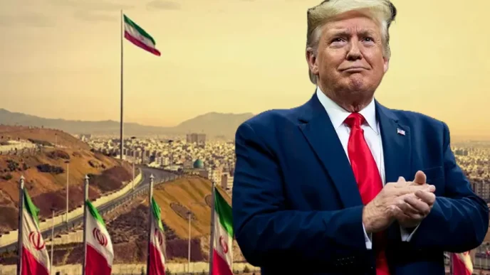 Donald Trump ante banderas de Irán y el skyline de Teherán, en el contexto de la decisión final de Trump sobre Irán y la política de incertidumbre estratégica.