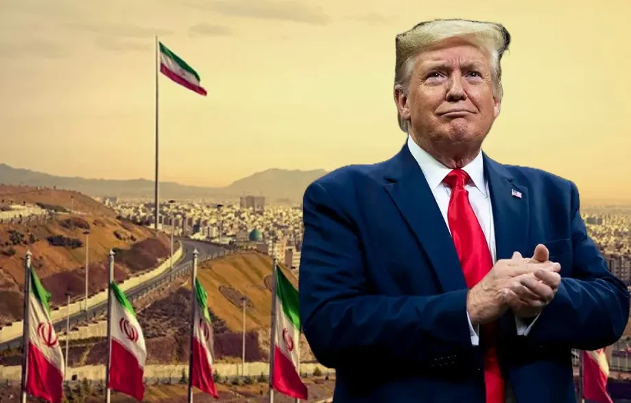 Donald Trump ante banderas de Irán y el skyline de Teherán, en el contexto de la decisión final de Trump sobre Irán y la política de incertidumbre estratégica.