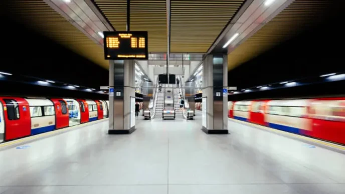 Andén del metro de Londres con trenes en movimiento, ilustrando los cortes en el metro de Londres este fin de semana en las líneas Central, District y Piccadilly
