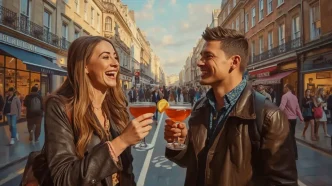 Una pareja brindando con copas en una calle céntrica y concurrida del Reino Unido.
