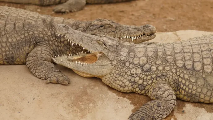 Cocodrilos descansando en un recinto dentro de un centro de reptiles.