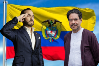 Abelardo de la Espriella e Iván Cepeda ante la bandera de Colombia, los dos candidatos que disputarán la segunda vuelta presidencial en Colombia el 21 de junio de 2026