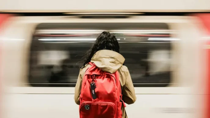 Una joven con mochila roja espera en un andén mientras un tren del metro de Londres pasa rápidamente de fondo.