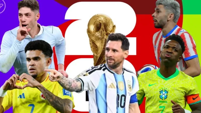 Jugadores estrella de las selecciones sudamericanas junto al trofeo del Mundial 2026.