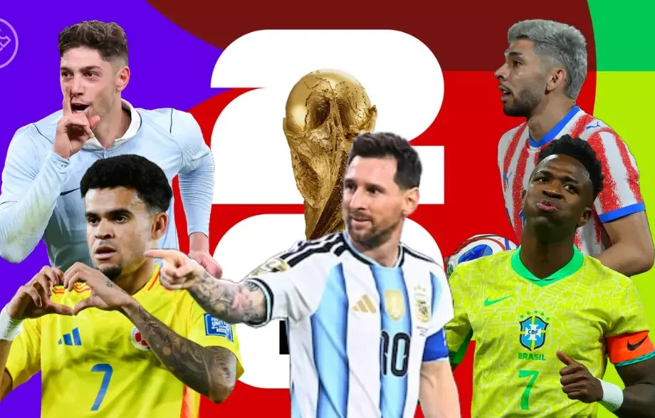 Jugadores estrella de las selecciones sudamericanas junto al trofeo del Mundial 2026.