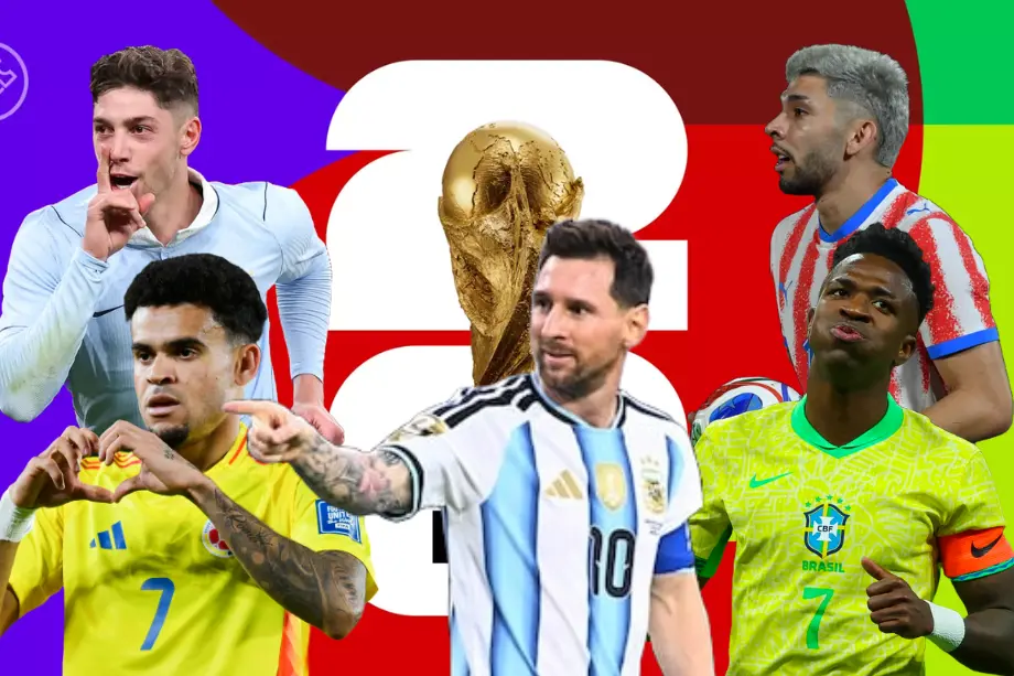 Jugadores estrella de las selecciones sudamericanas junto al trofeo del Mundial 2026.