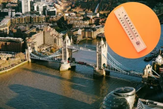 Un termómetro marcando altas temperaturas con el horizonte de la ciudad de Londres al fondo en un día soleado.