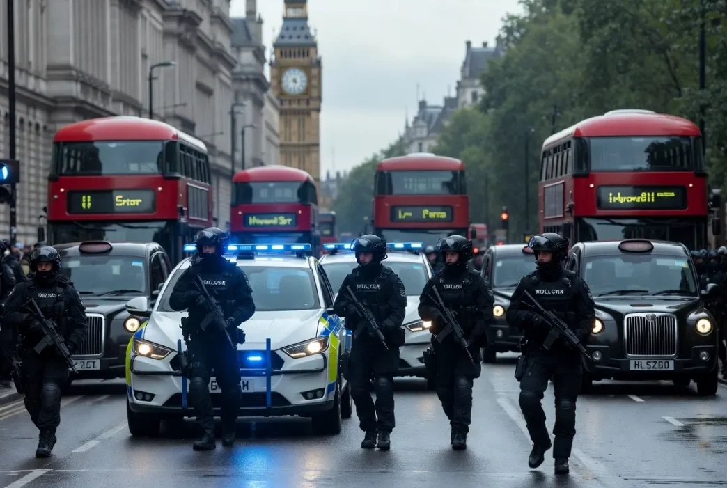 Policías armados patrullando durante un simulacro de seguridad antiterrorista en Londres, con el Big Ben al fondo.