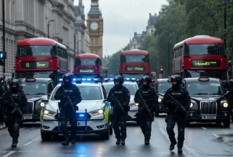 Policías armados patrullando durante un simulacro de seguridad antiterrorista en Londres, con el Big Ben al fondo.