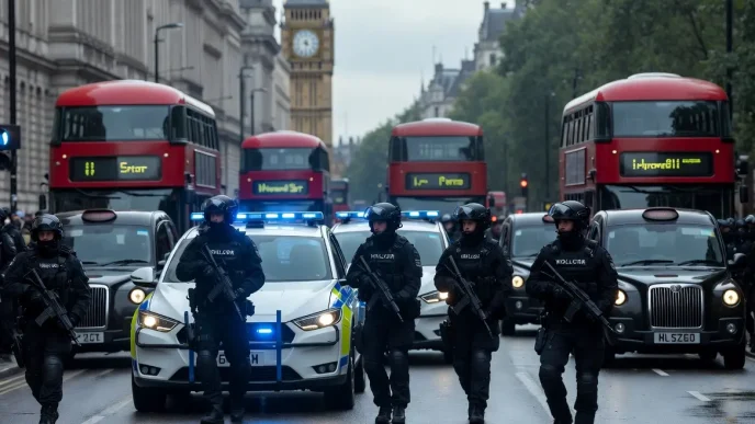 Policías armados patrullando durante un simulacro de seguridad antiterrorista en Londres, con el Big Ben al fondo.