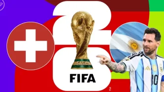 Gráfico promocional del partido entre Argentina y Suiza en el Mundial FIFA 2026 con Lionel Messi.
