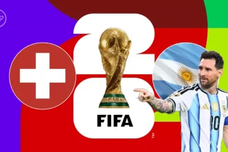Gráfico promocional del partido entre Argentina y Suiza en el Mundial FIFA 2026 con Lionel Messi.