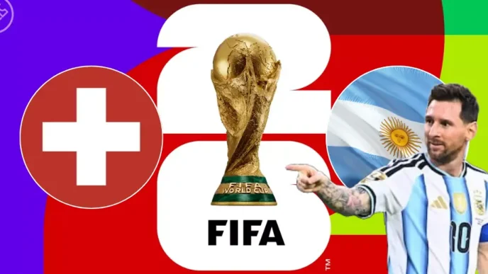 Gráfico promocional del partido entre Argentina y Suiza en el Mundial FIFA 2026 con Lionel Messi.