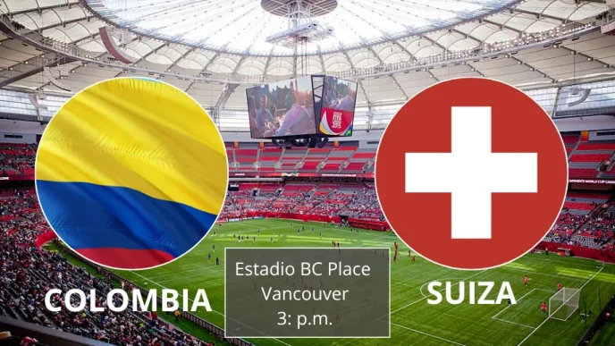 Gráfico promocional del partido Colombia vs. Suiza en el Estadio BC Place de Vancouver para los octavos de final del Mundial 2026.