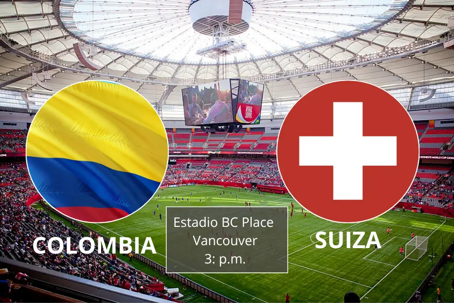Gráfico promocional del partido Colombia vs. Suiza en el Estadio BC Place de Vancouver para los octavos de final del Mundial 2026.